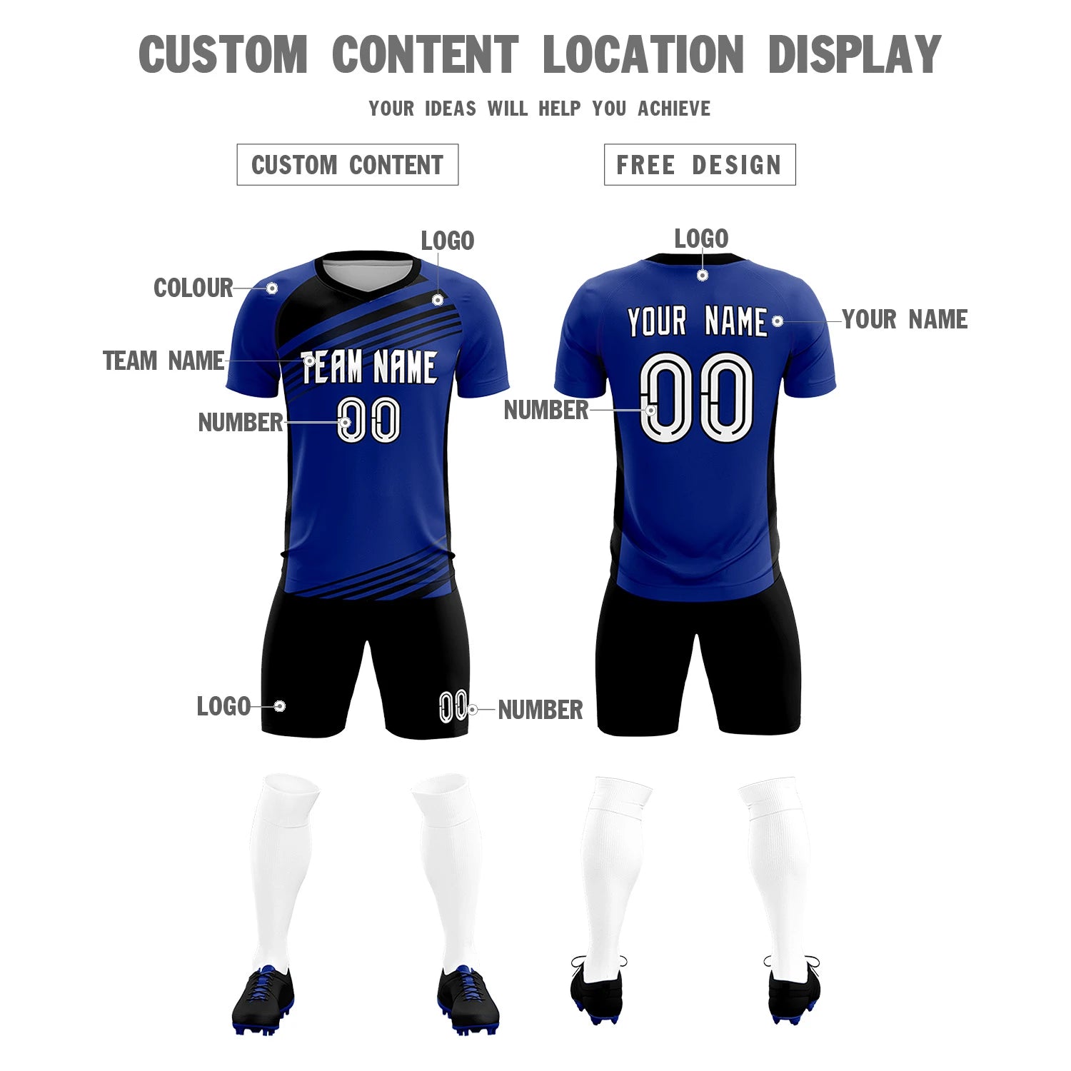 Custom Royal Blue Black-White Gradient Sport Soccer Sets Jersey
