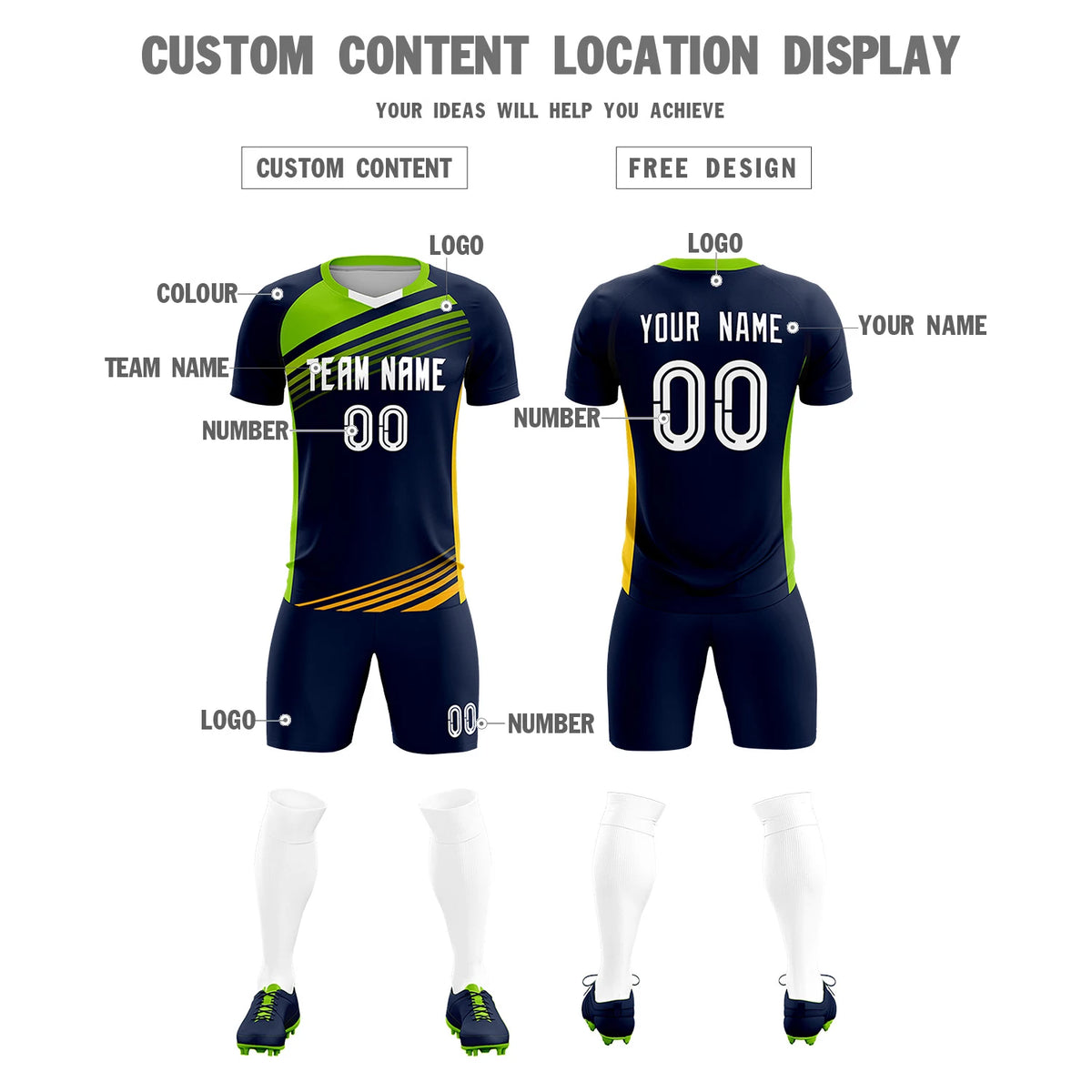 Custom Navy Neon Green-White Gradient Sport Soccer Sets Jersey