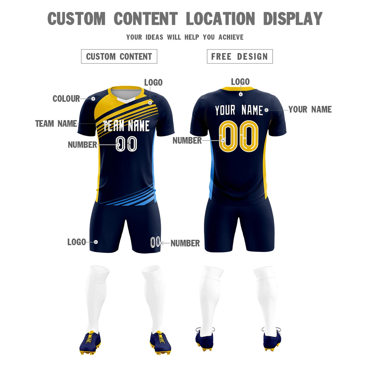 Custom Navy Gold-White Gradient Sport Soccer Sets Jersey