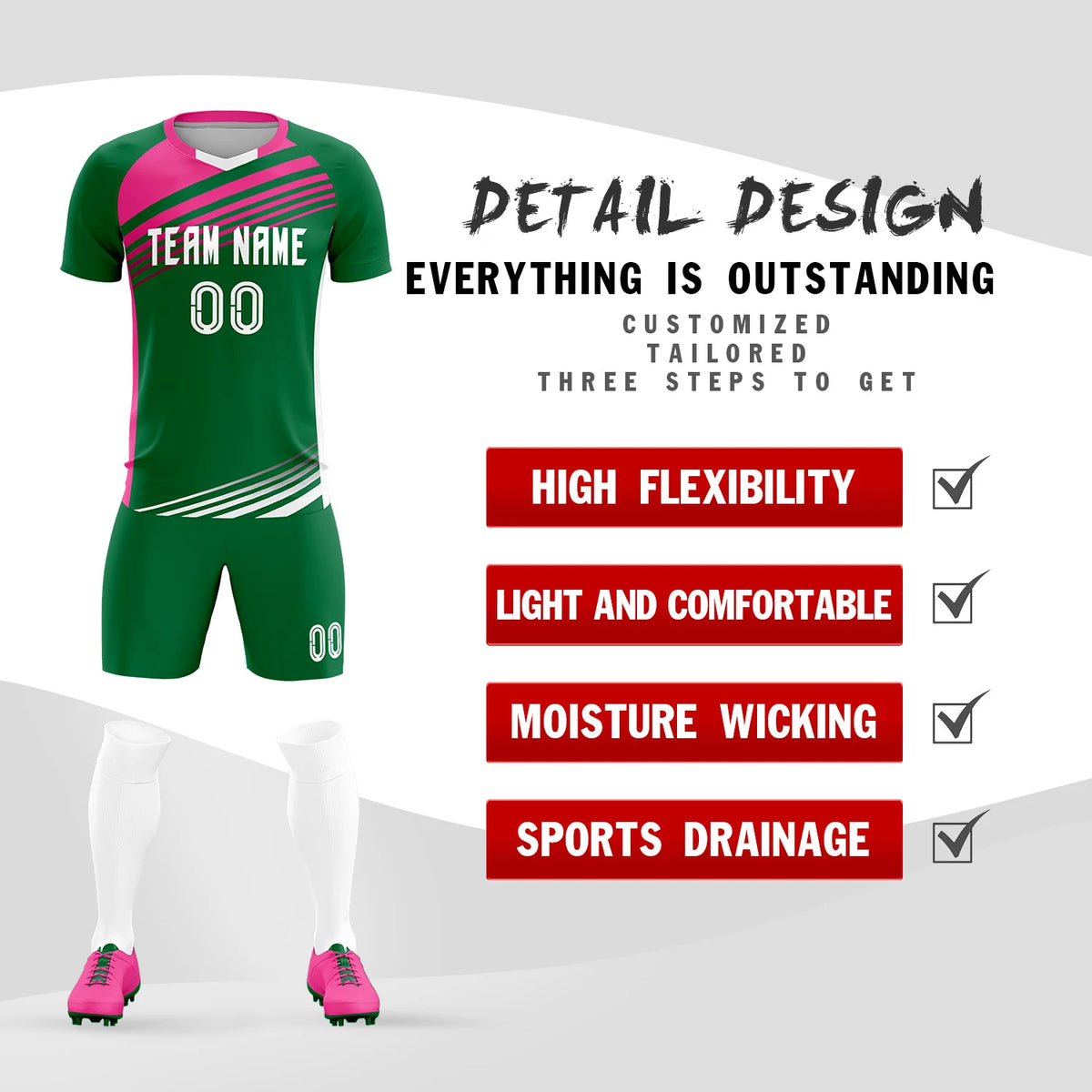 Custom Kelly Green Pink-White Gradient Sport Soccer Sets Jersey