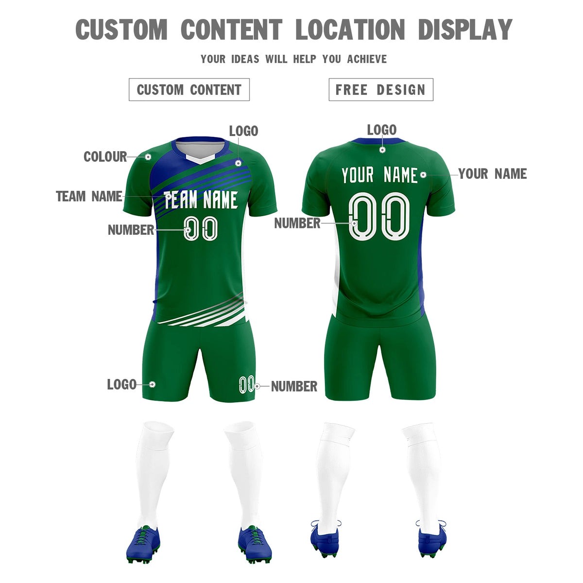 Custom Kelly Green Royal Blue-White Gradient Sport Soccer Sets Jersey