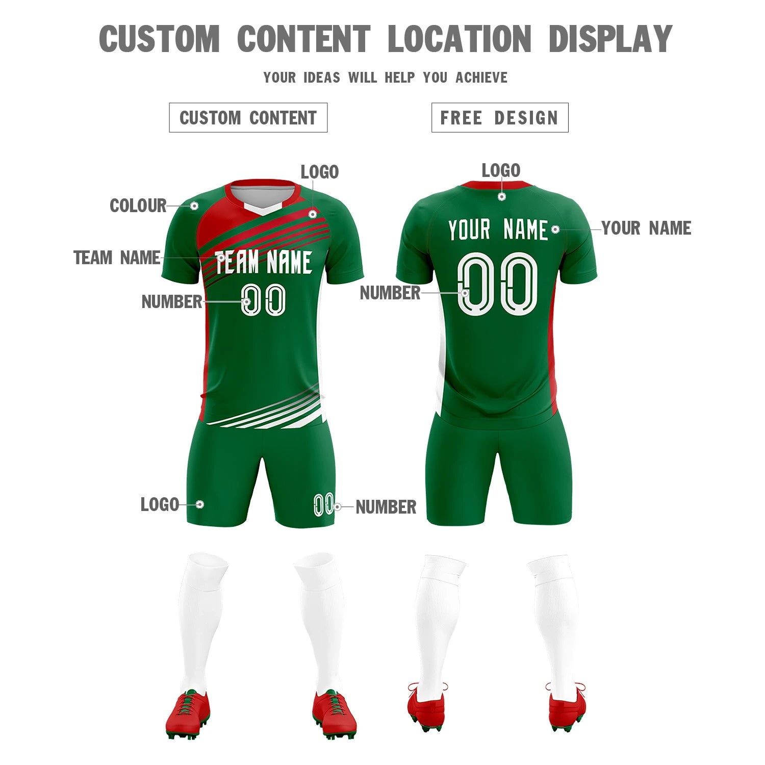 Custom Kelly Green Red-White Gradient Sport Soccer Sets Jersey