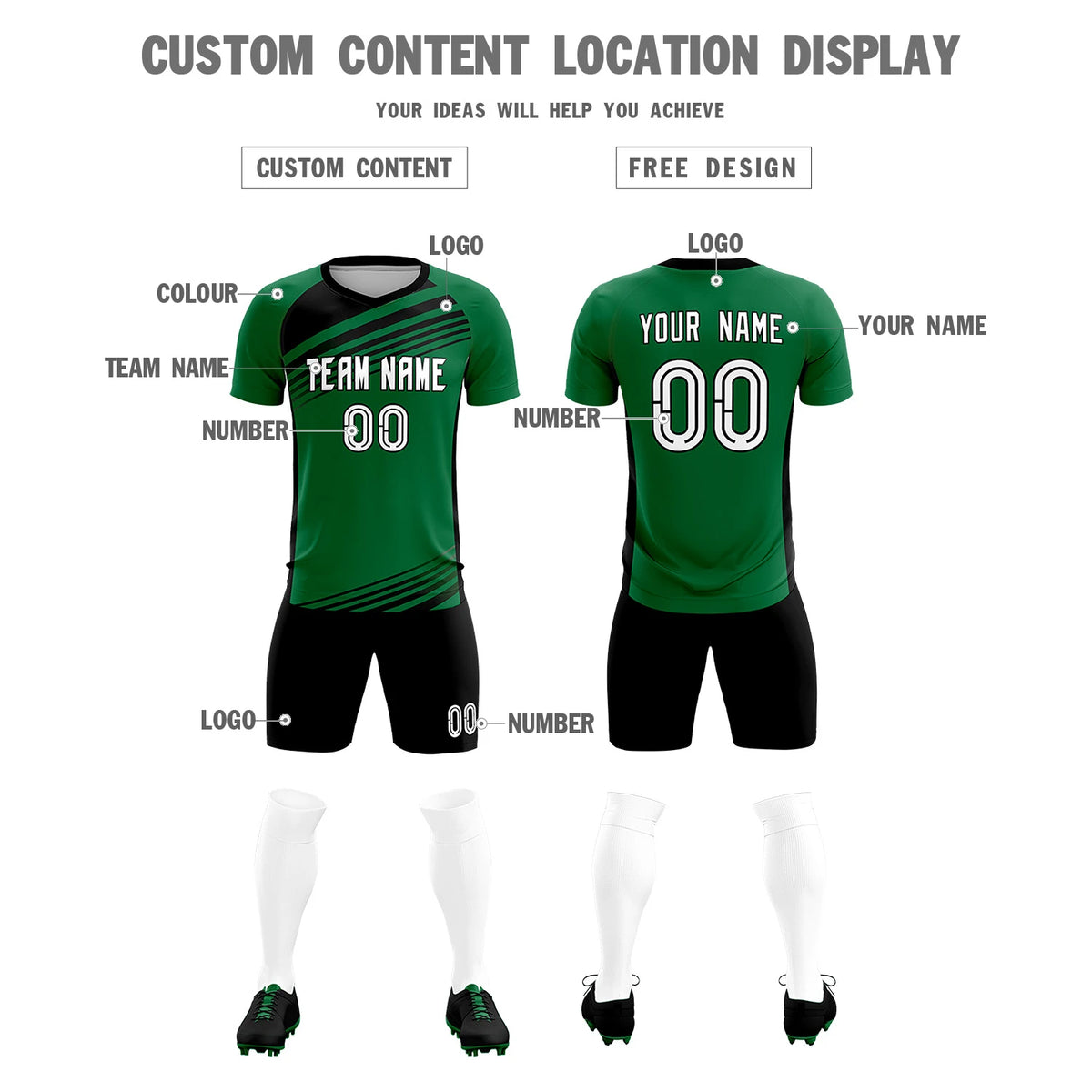 Custom Kelly Green Black-White Gradient Sport Soccer Sets Jersey