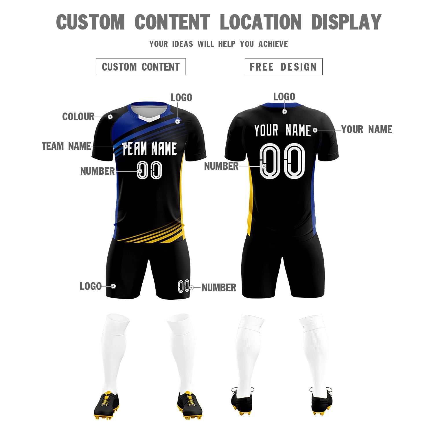 Custom Black Royal Blue-White Gradient Sport Soccer Sets Jersey