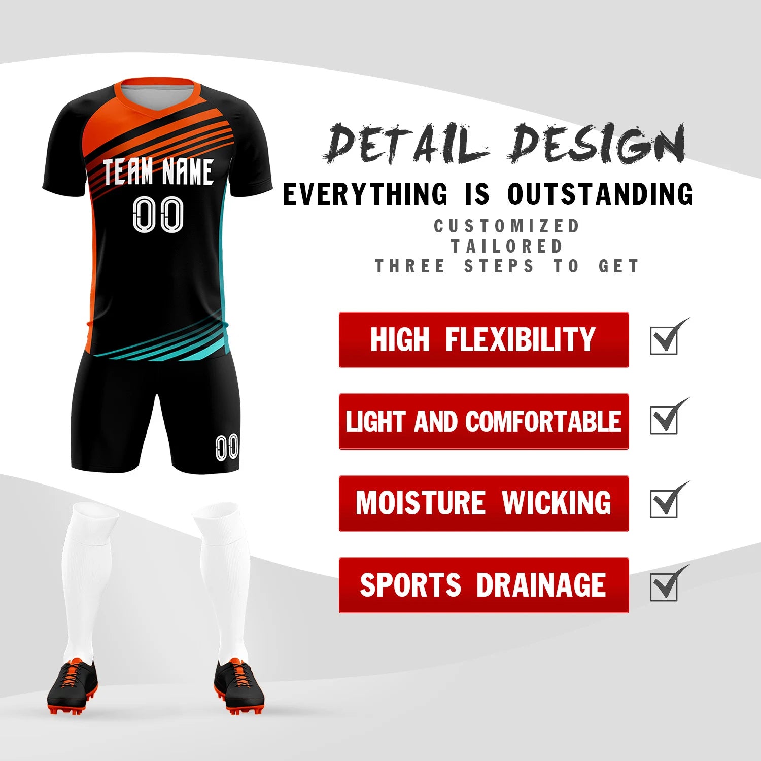 Custom Black Orange-White Gradient Sport Soccer Sets Jersey