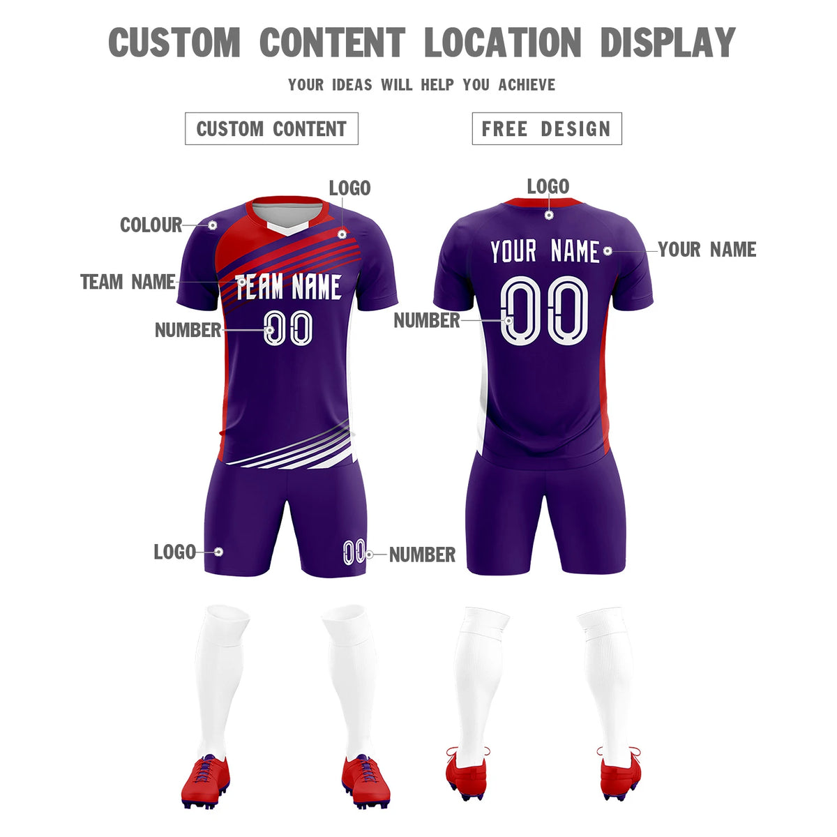 Custom Purple Red-White Gradient Sport Soccer Sets Jersey