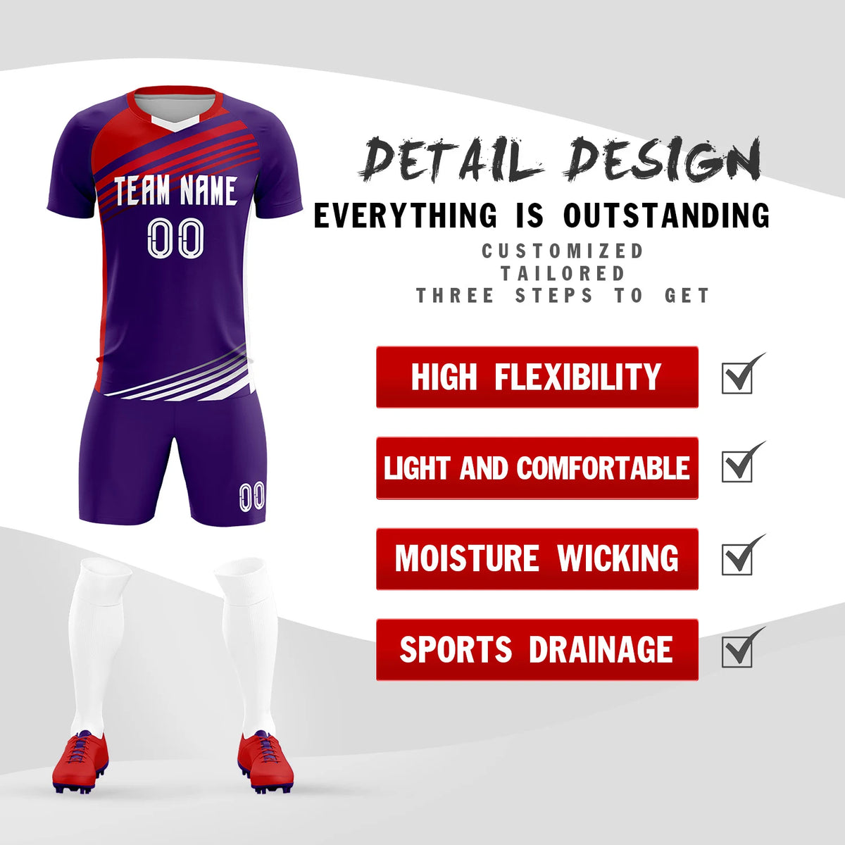 Custom Purple Red-White Gradient Sport Soccer Sets Jersey