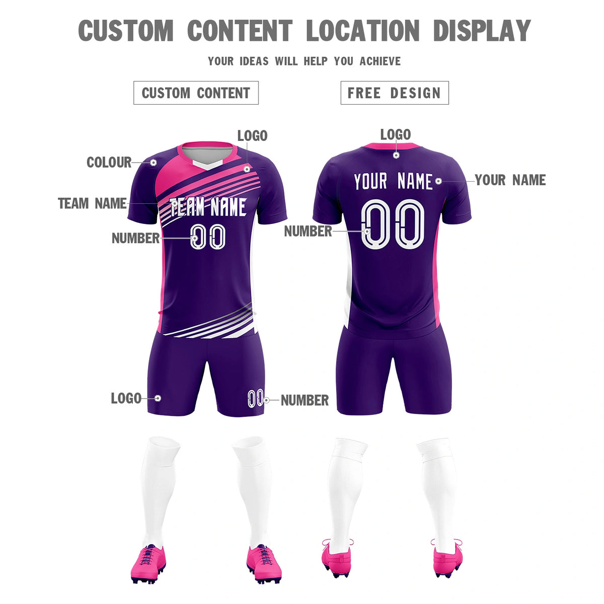 Custom Purple Pink-White Gradient Sport Soccer Sets Jersey