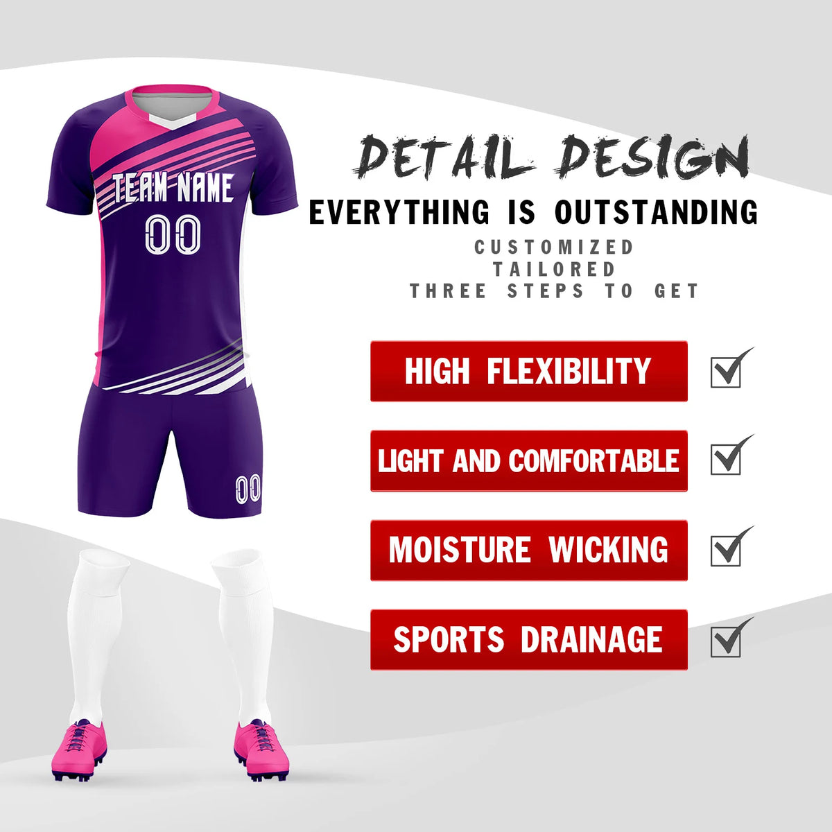 Custom Purple Pink-White Gradient Sport Soccer Sets Jersey