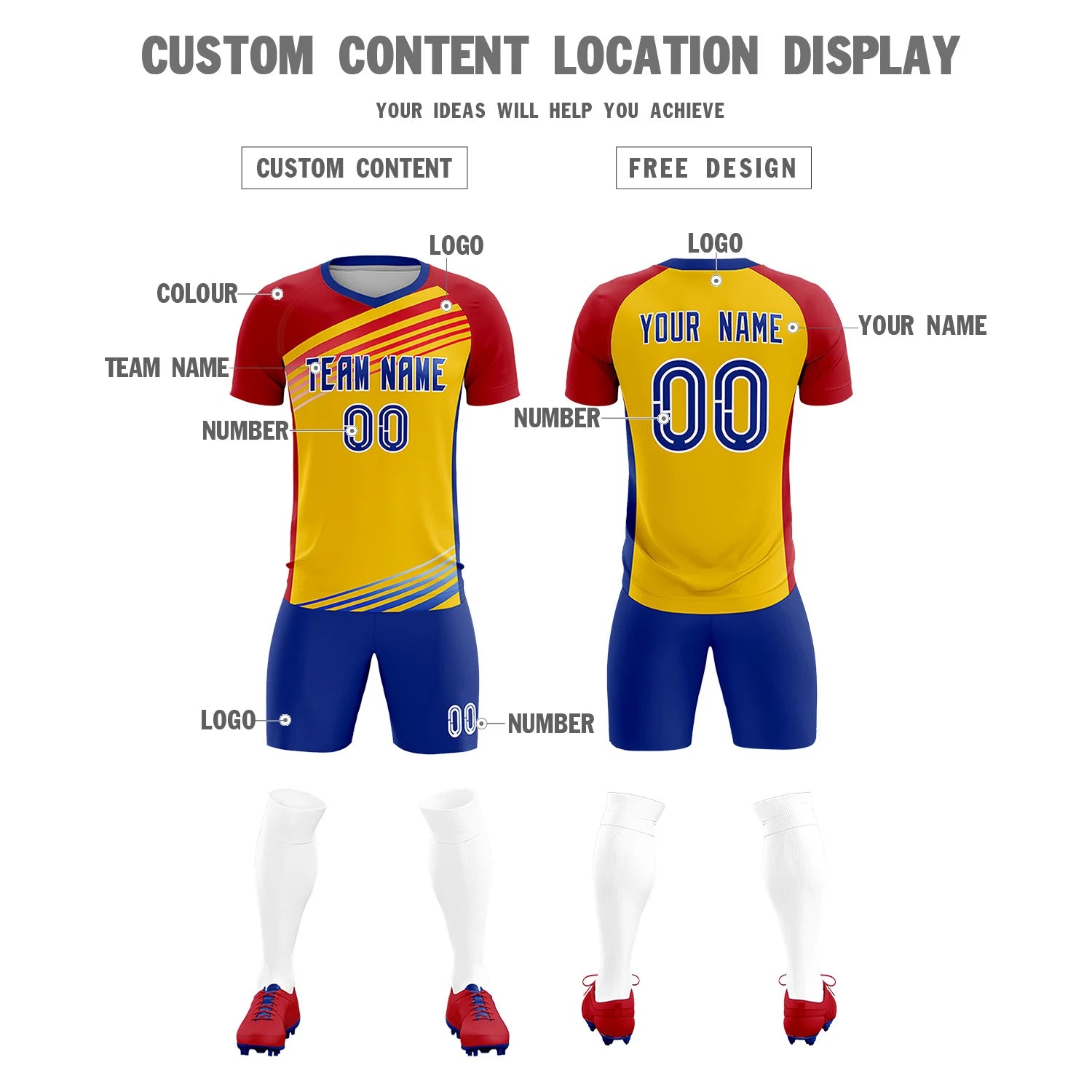 Custom Yellow Red-Royal Blue Gradient Sport Soccer Sets Jersey