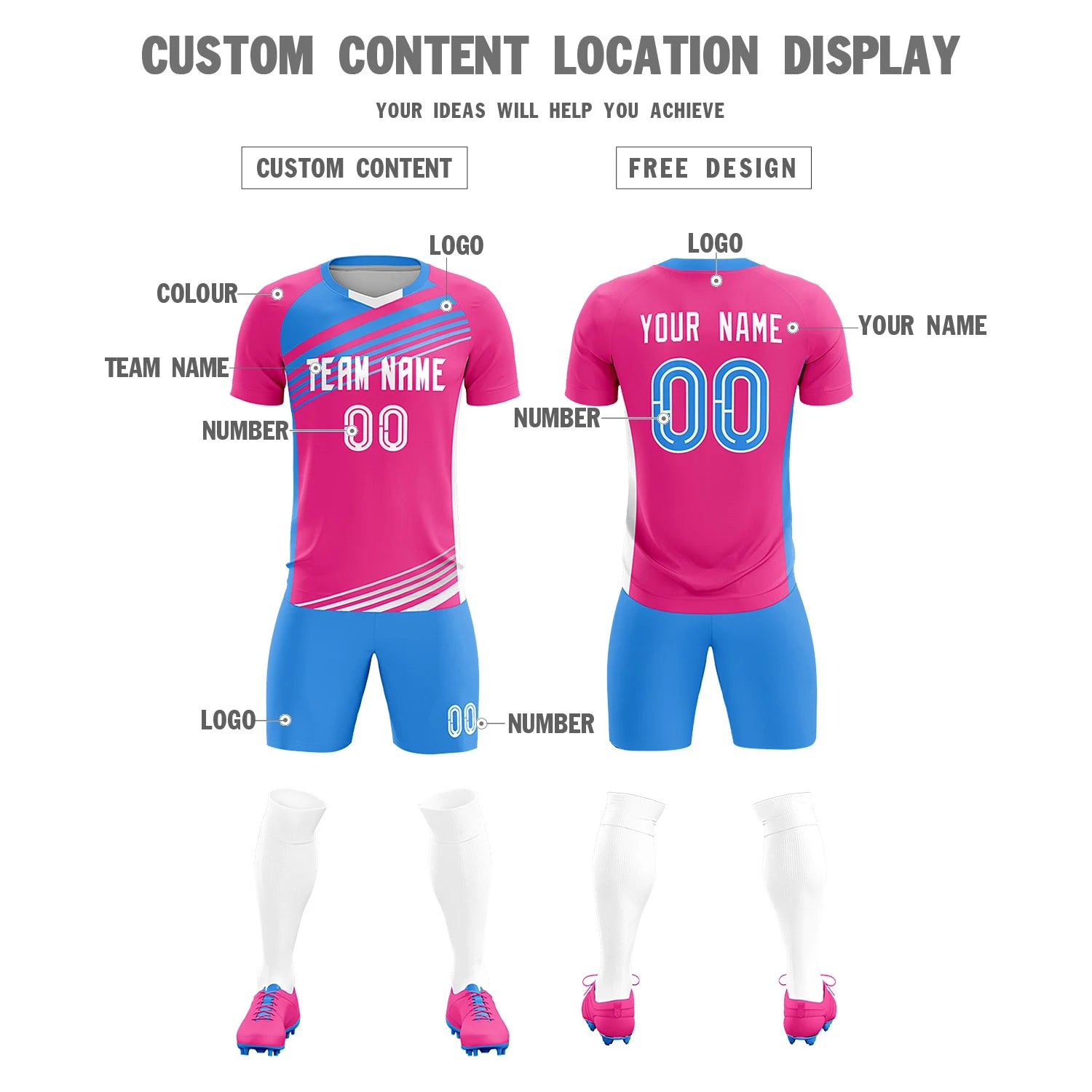 Custom Pink Powder Blue Gradient Sport Soccer Sets Jersey