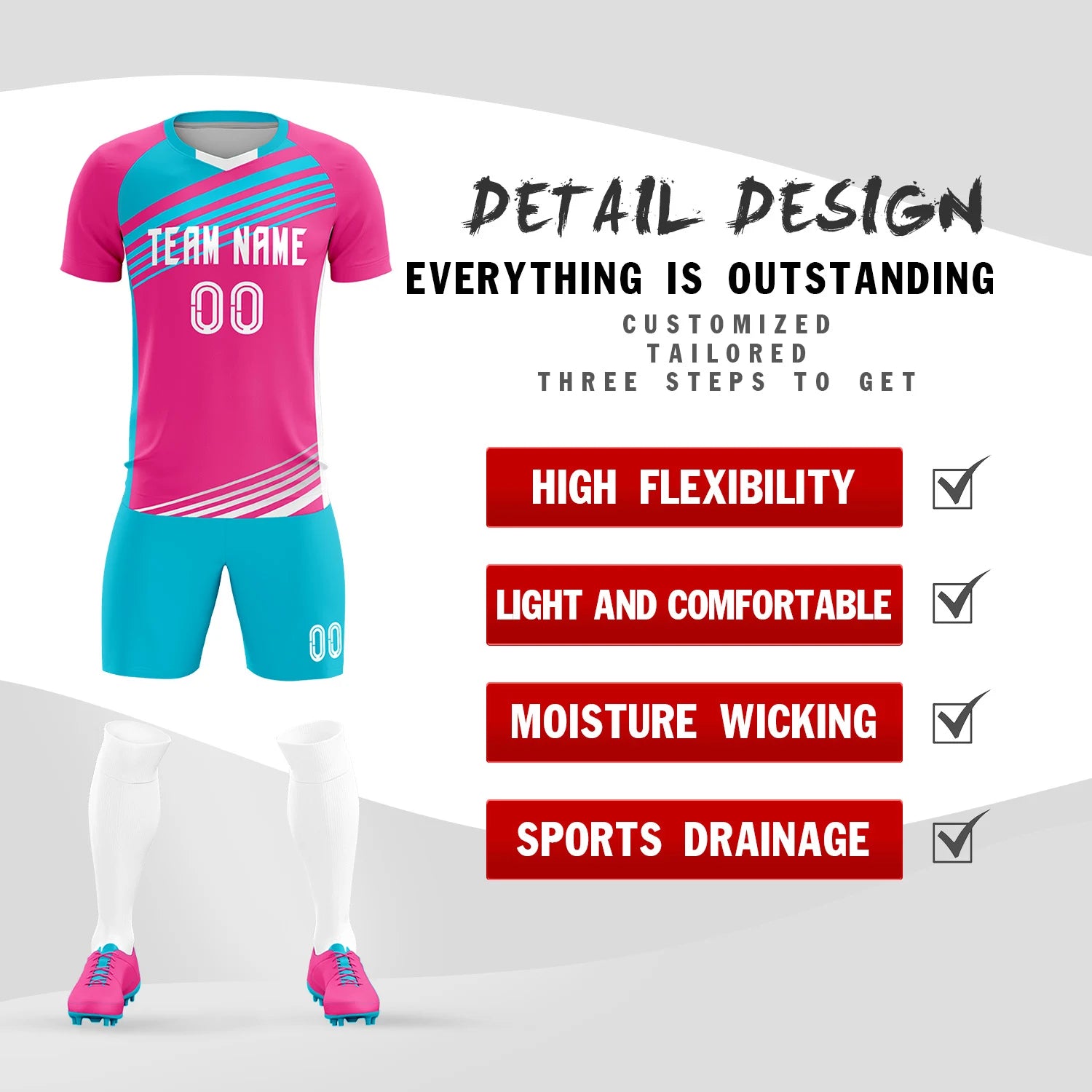 Custom Pink Sky Blue Gradient Sport Soccer Sets Jersey