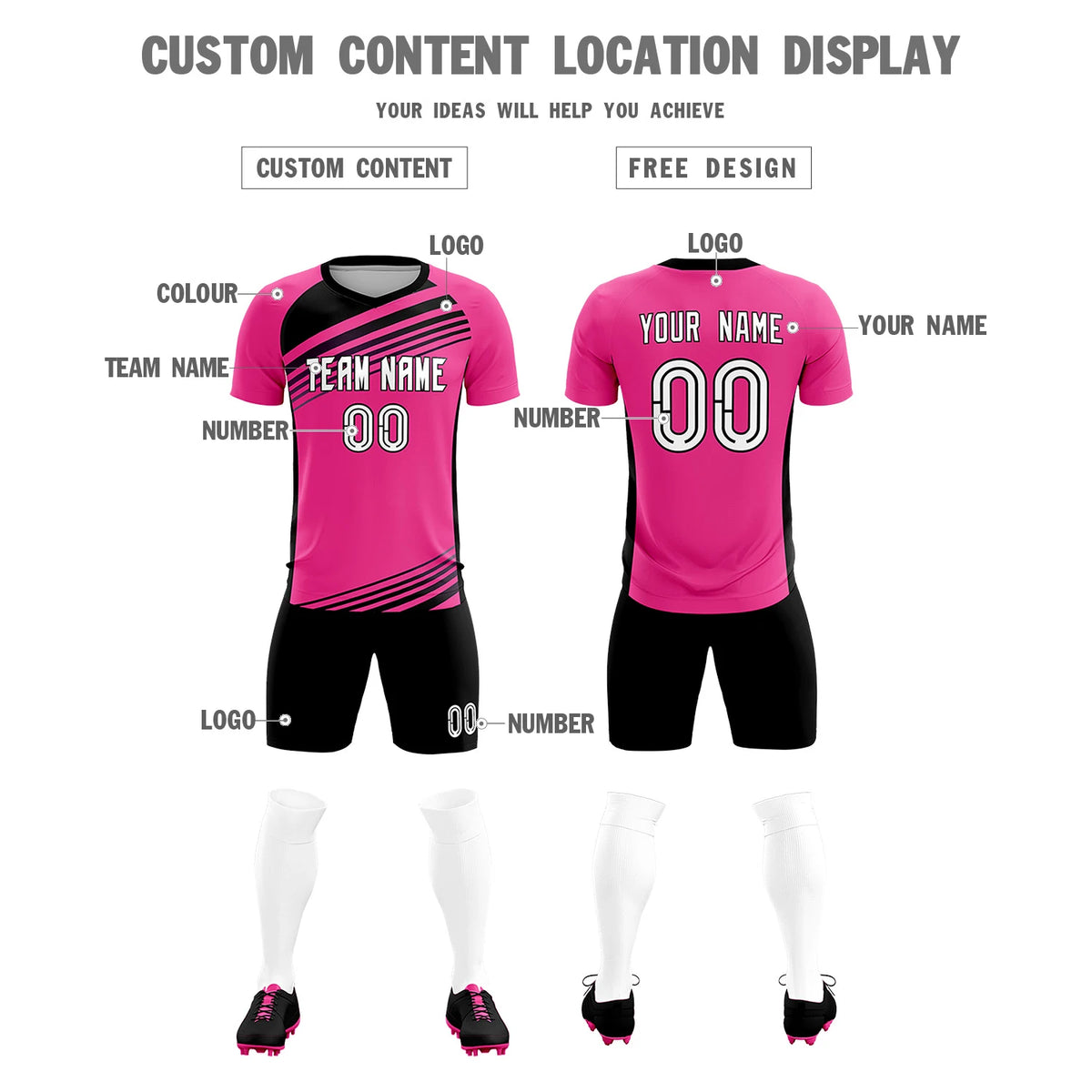 Custom Pink Black-White Gradient Sport Soccer Sets Jersey