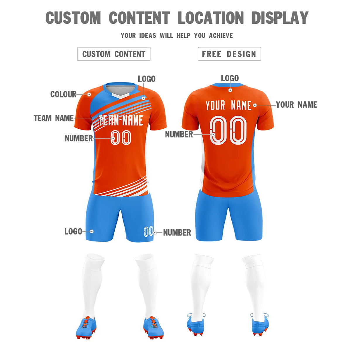 Custom Orange Powder Blue-White Gradient Sport Soccer Sets Jersey