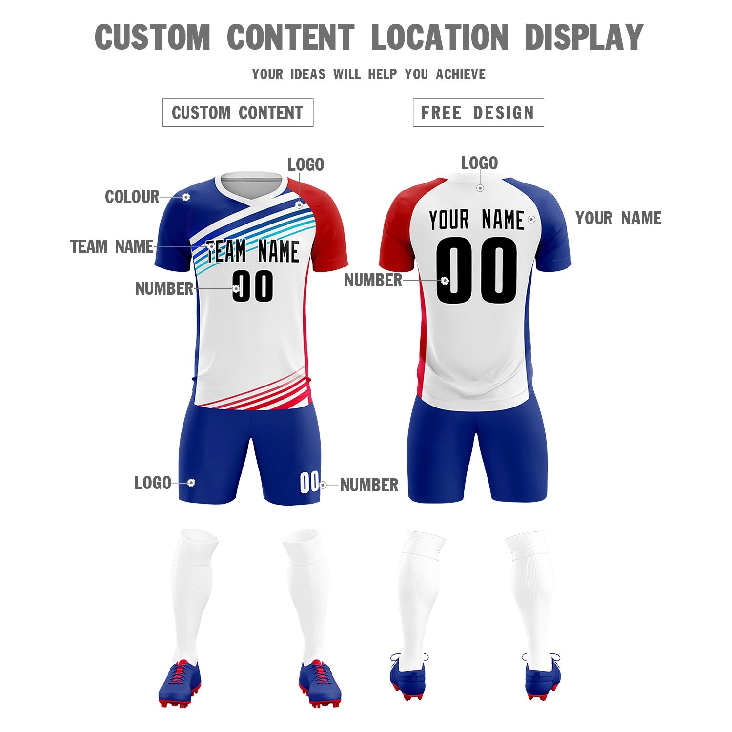 Custom White Royal Blue-Red Gradient Sport Soccer Sets Jersey