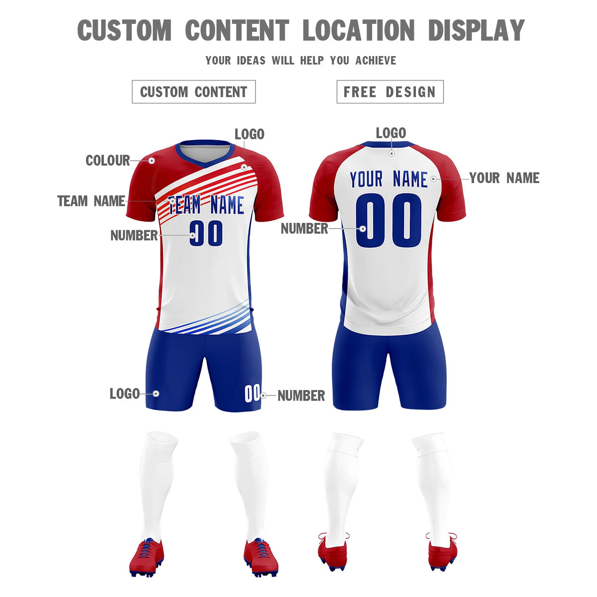 Custom White Red-Royal Blue Gradient Sport Soccer Sets Jersey
