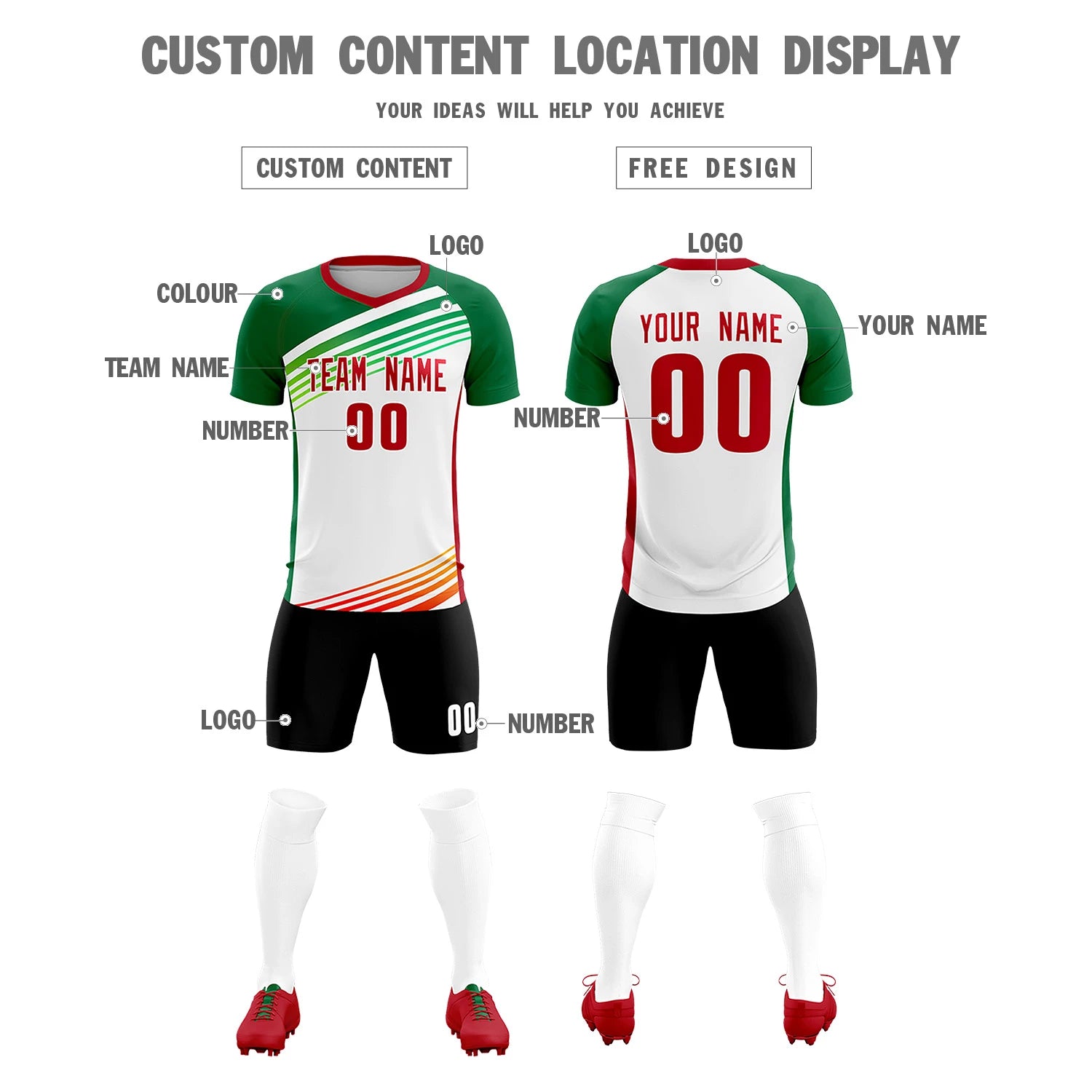 Custom White Red-Kelly Green Gradient Sport Soccer Sets Jersey
