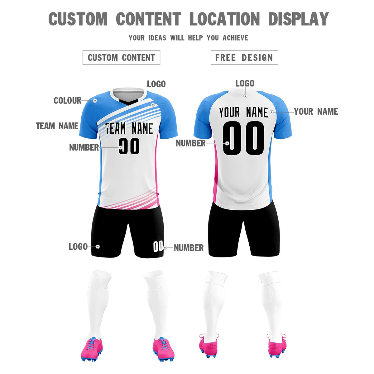 Custom White Powder Blue-Black Gradient Sport Soccer Sets Jersey