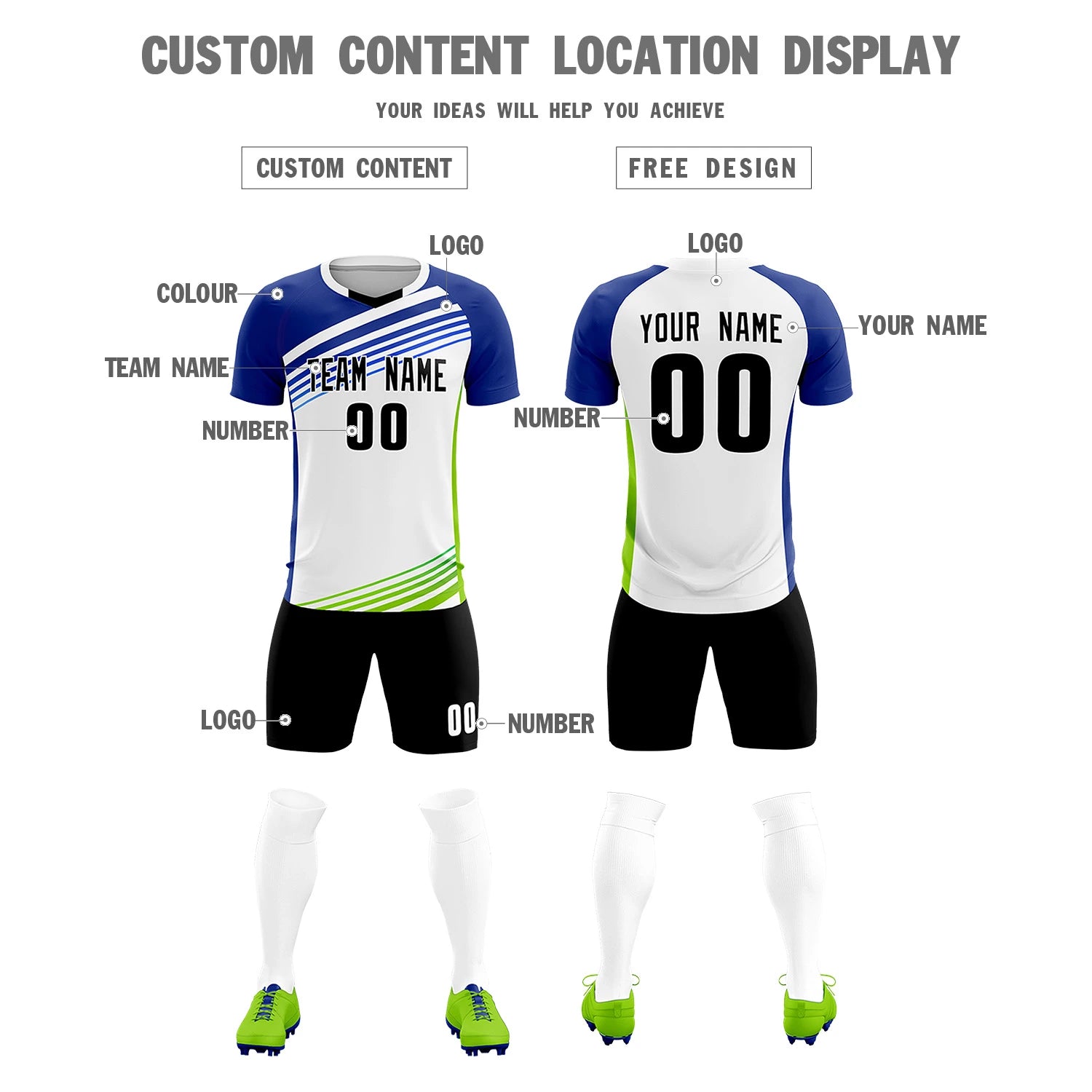 Custom White Royal Blue-Black Gradient Sport Soccer Sets Jersey