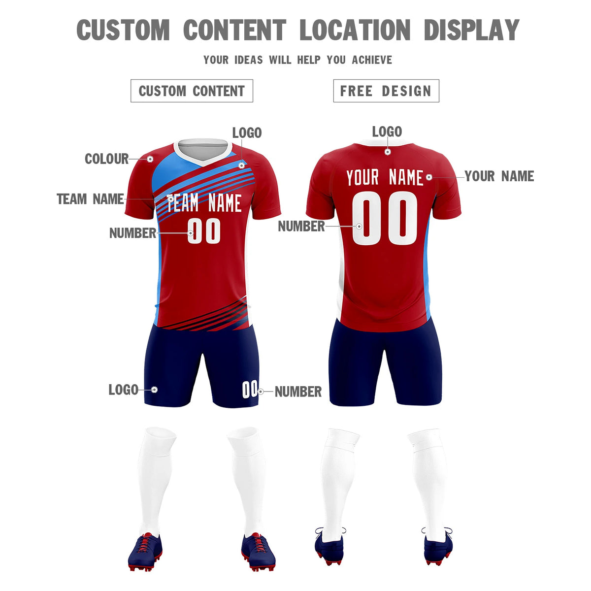 Custom Red Powder Blue-White Gradient Sport Soccer Sets Jersey
