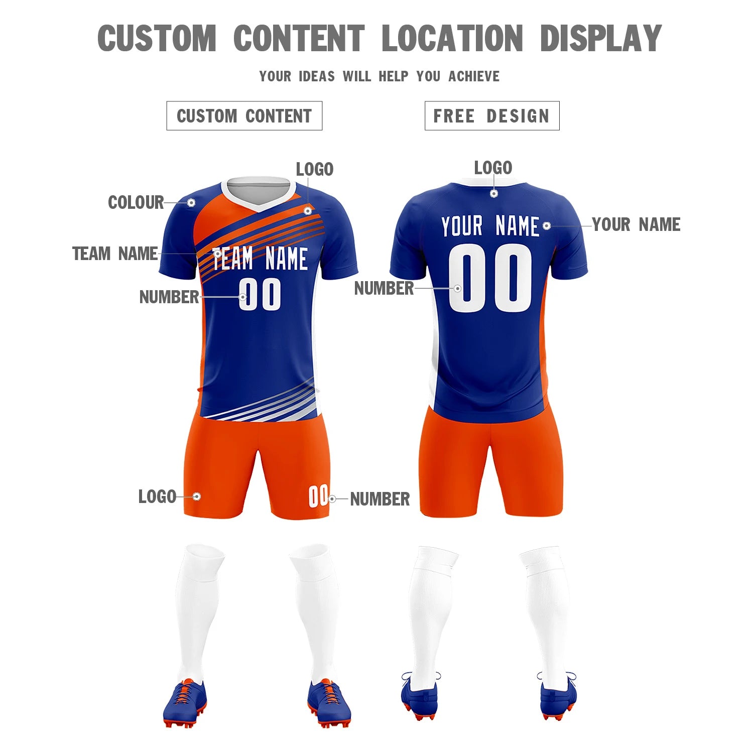 Custom Royal Blue Orange-White Gradient Sport Soccer Sets Jersey