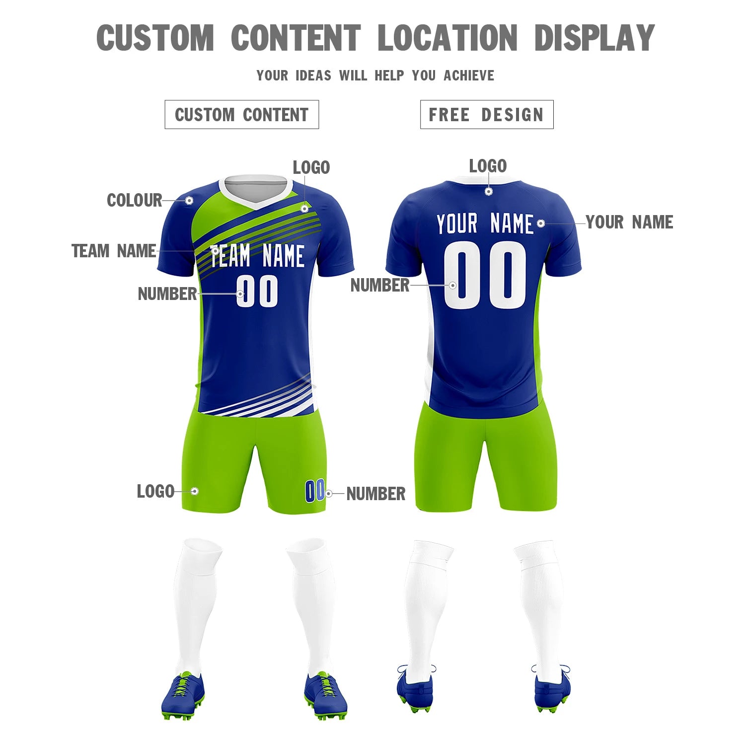 Custom Royal Blue Neon Green-White Gradient Sport Soccer Sets Jersey