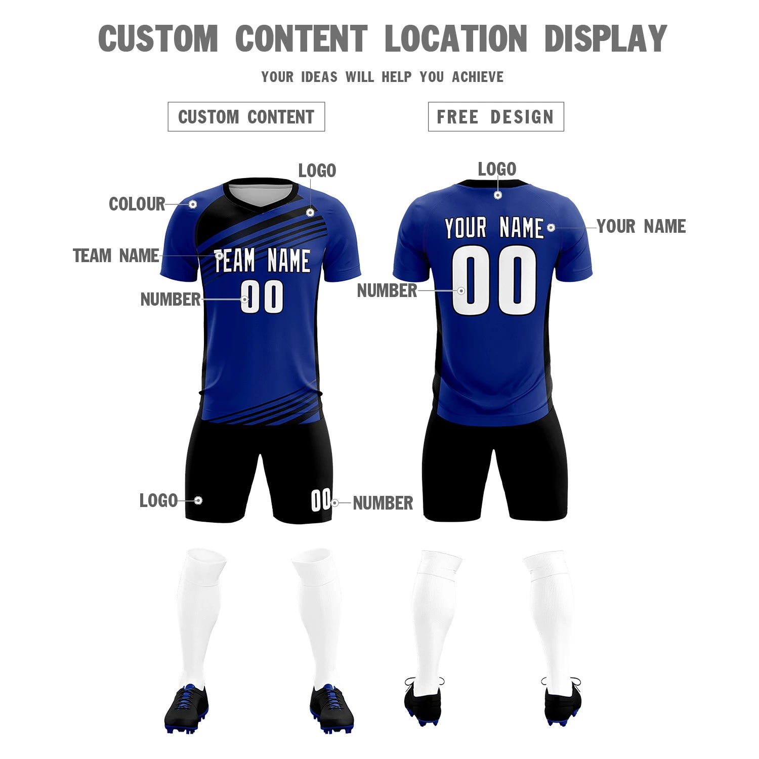 Custom Royal Blue Black-White Gradient Sport Soccer Sets Jersey