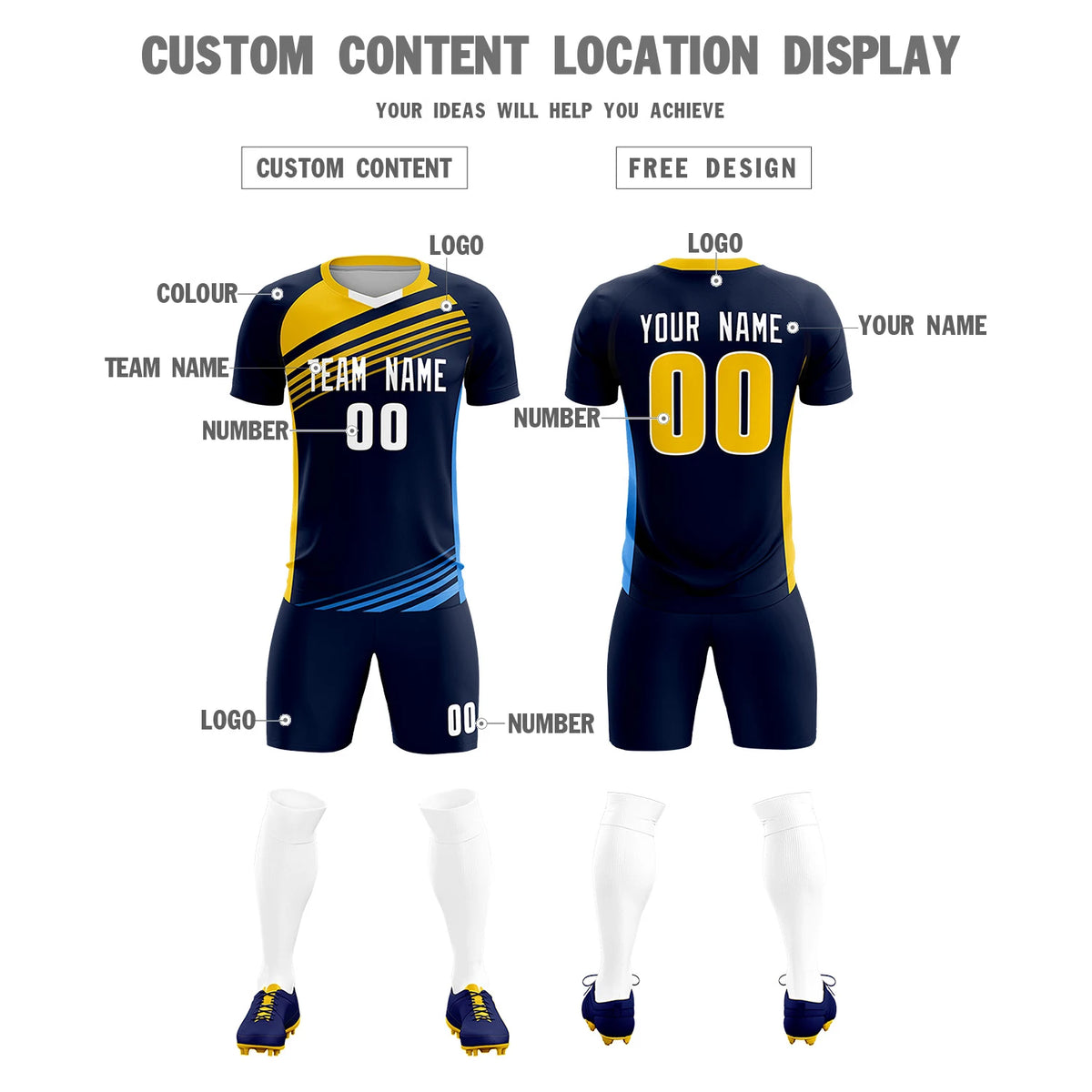 Custom Navy Gold-White Gradient Sport Soccer Sets Jersey