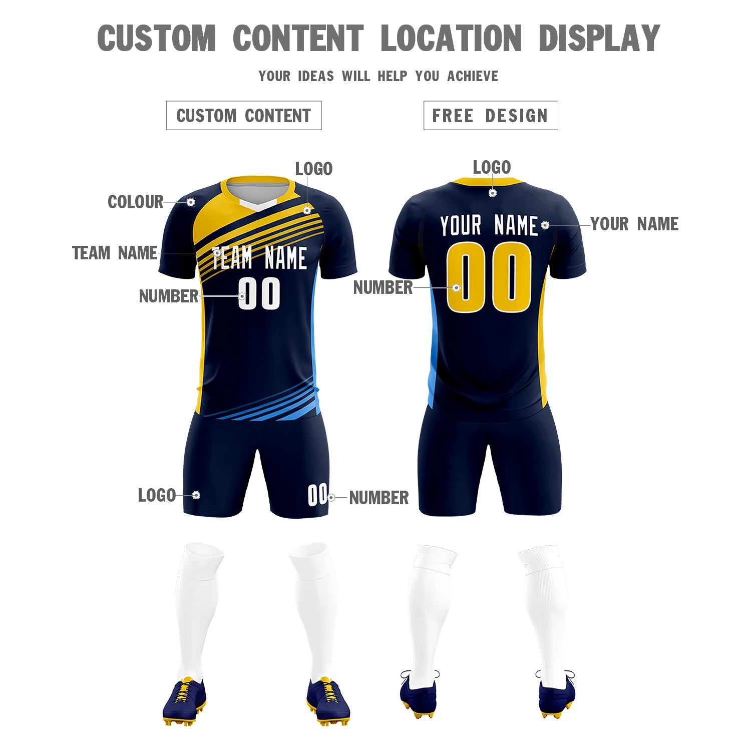 Custom Navy Gold-White Gradient Sport Soccer Sets Jersey