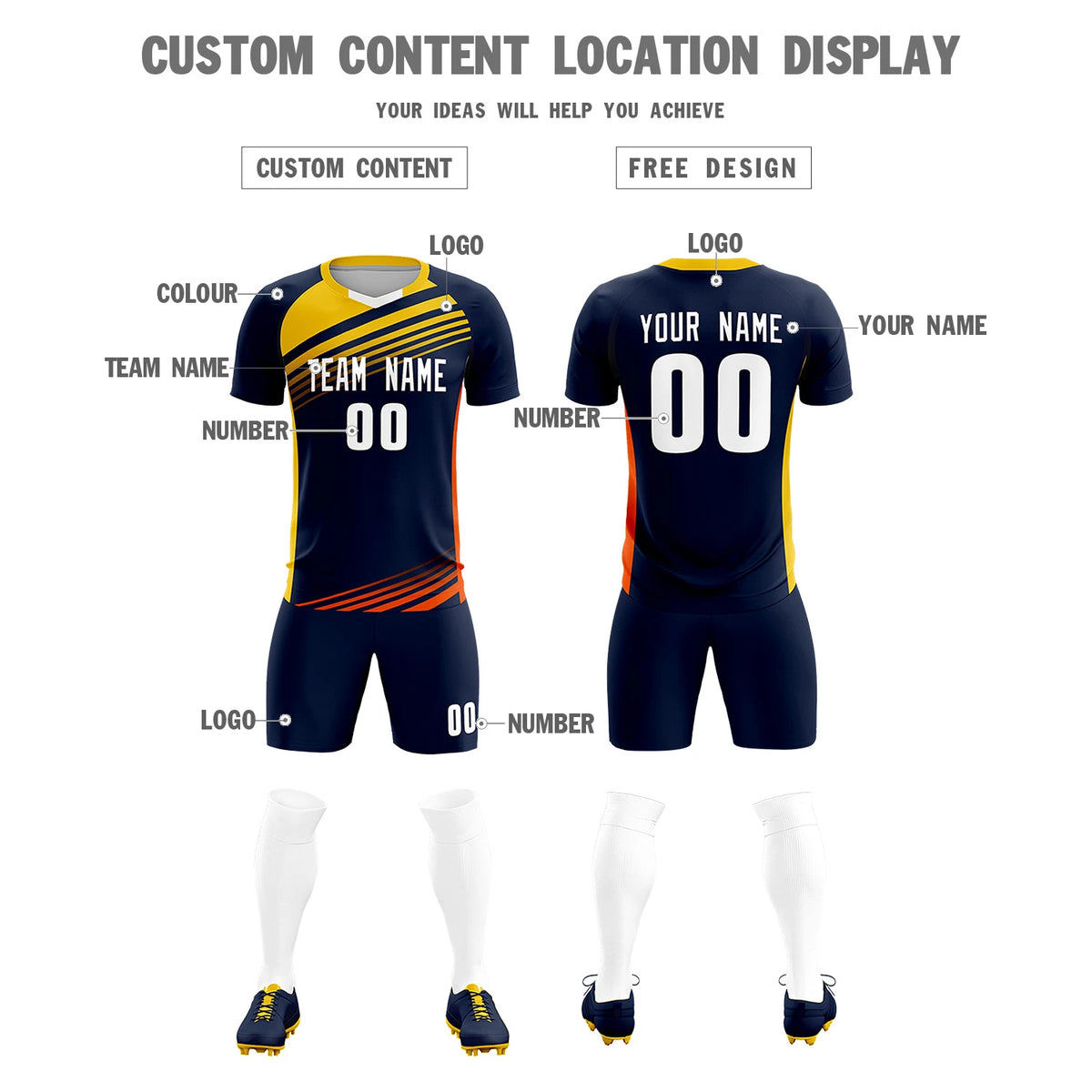 Custom Navy Gold-White Gradient Sport Soccer Sets Jersey
