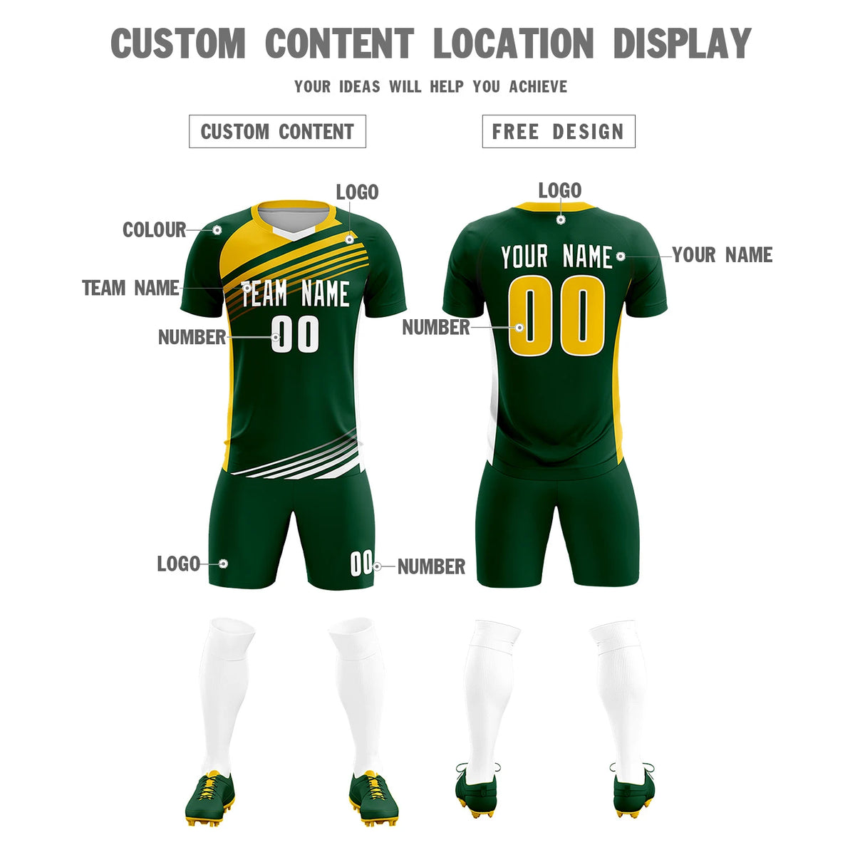 Custom Green Gold-White Gradient Sport Soccer Sets Jersey