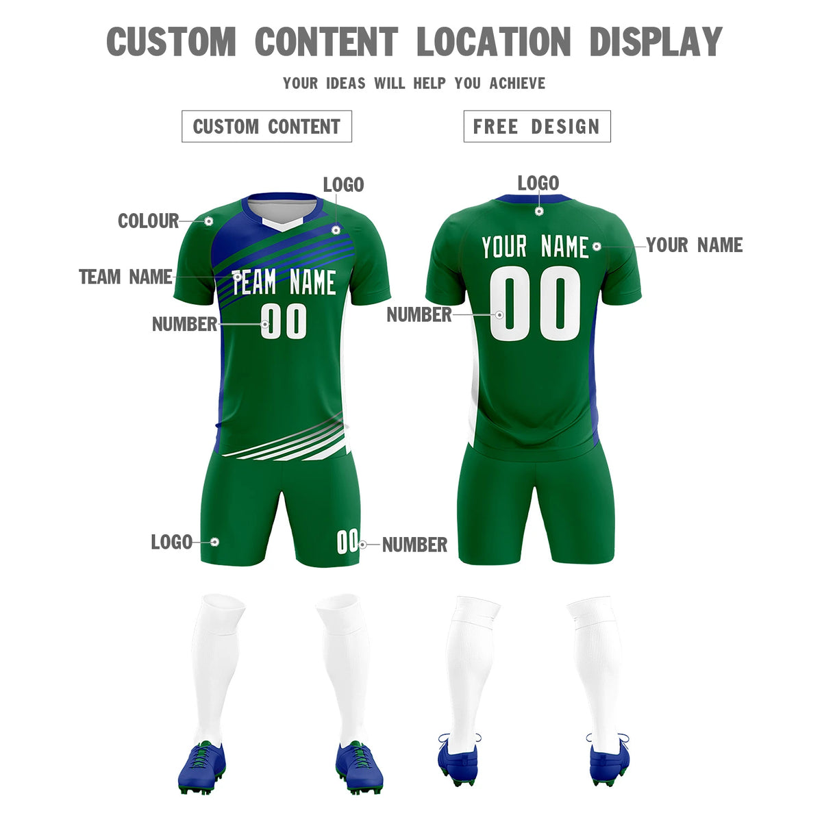 Custom Kelly Green Royal Blue-White Gradient Sport Soccer Sets Jersey