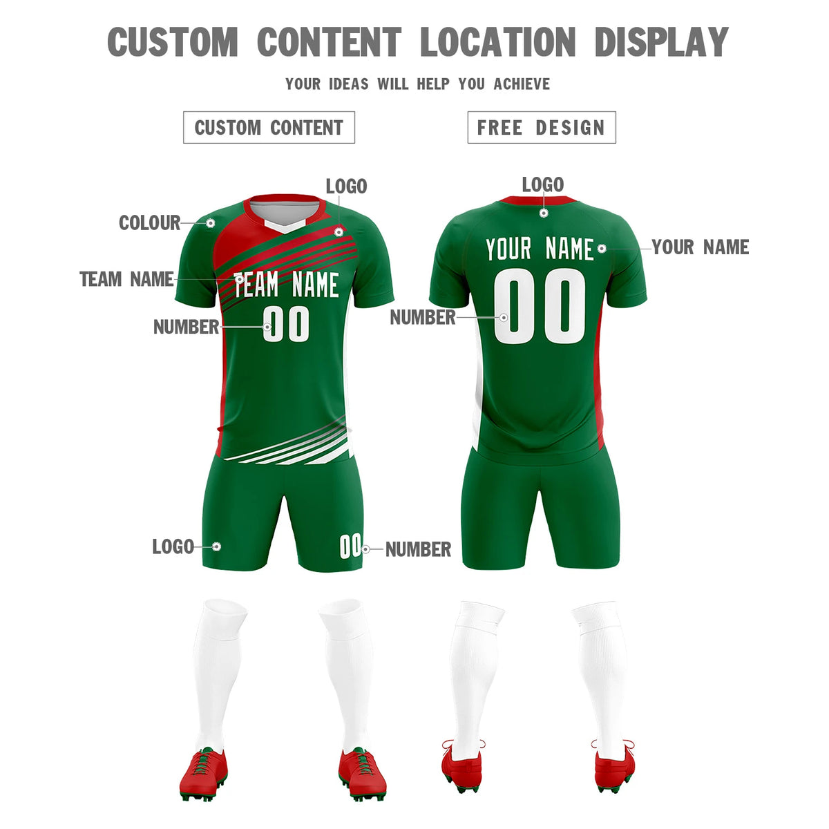 Custom Kelly Green Red-White Gradient Sport Soccer Sets Jersey