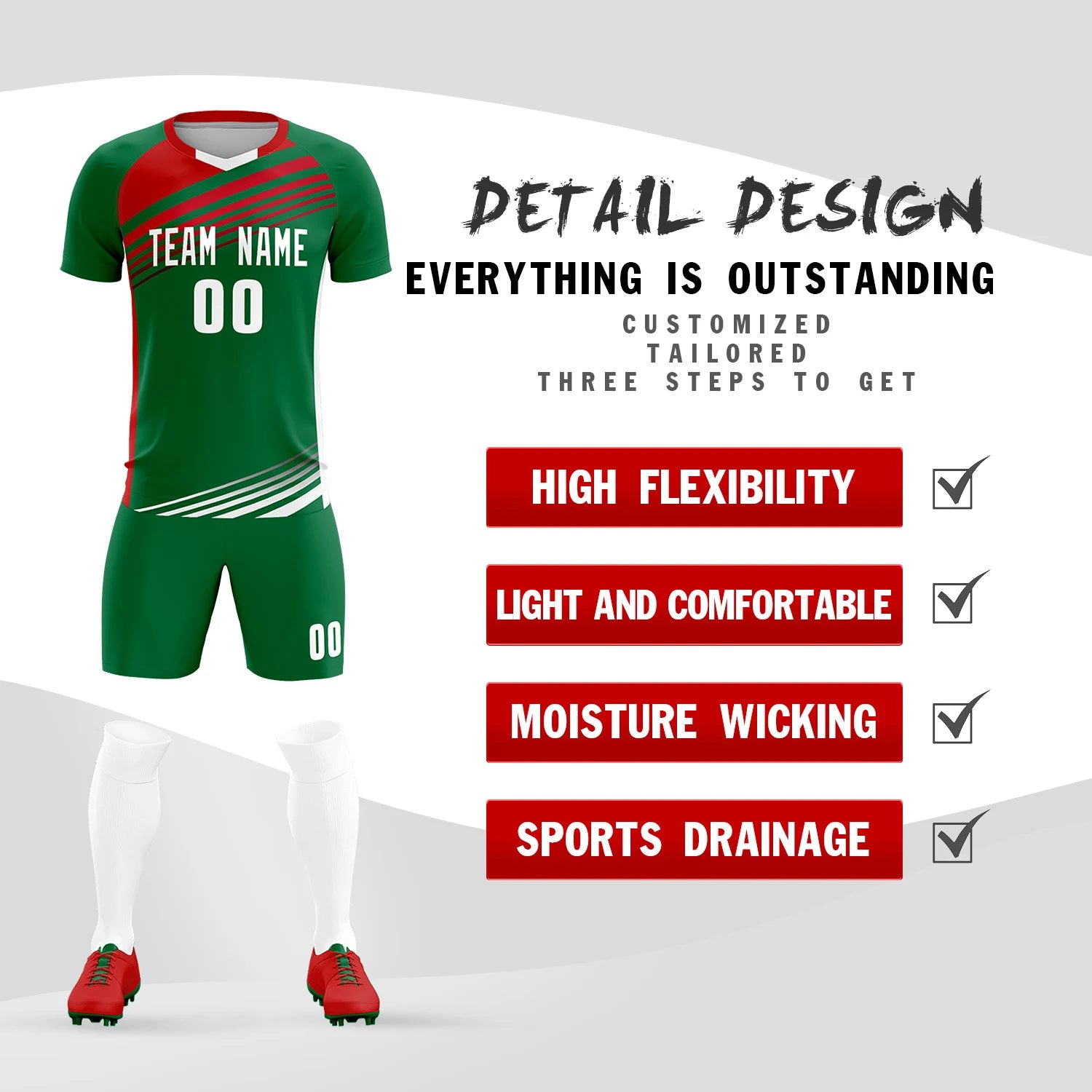 Custom Kelly Green Red-White Gradient Sport Soccer Sets Jersey