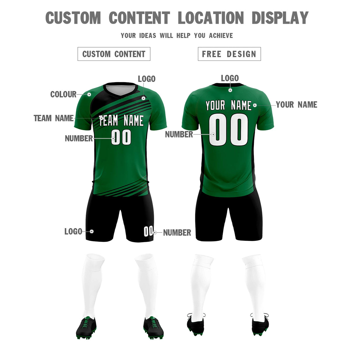 Custom Kelly Green Black-White Gradient Sport Soccer Sets Jersey