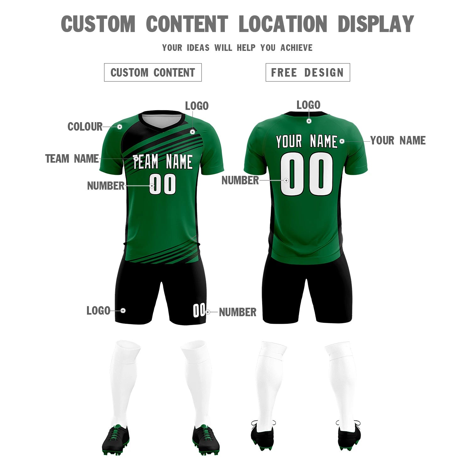 Custom Kelly Green Black-White Gradient Sport Soccer Sets Jersey