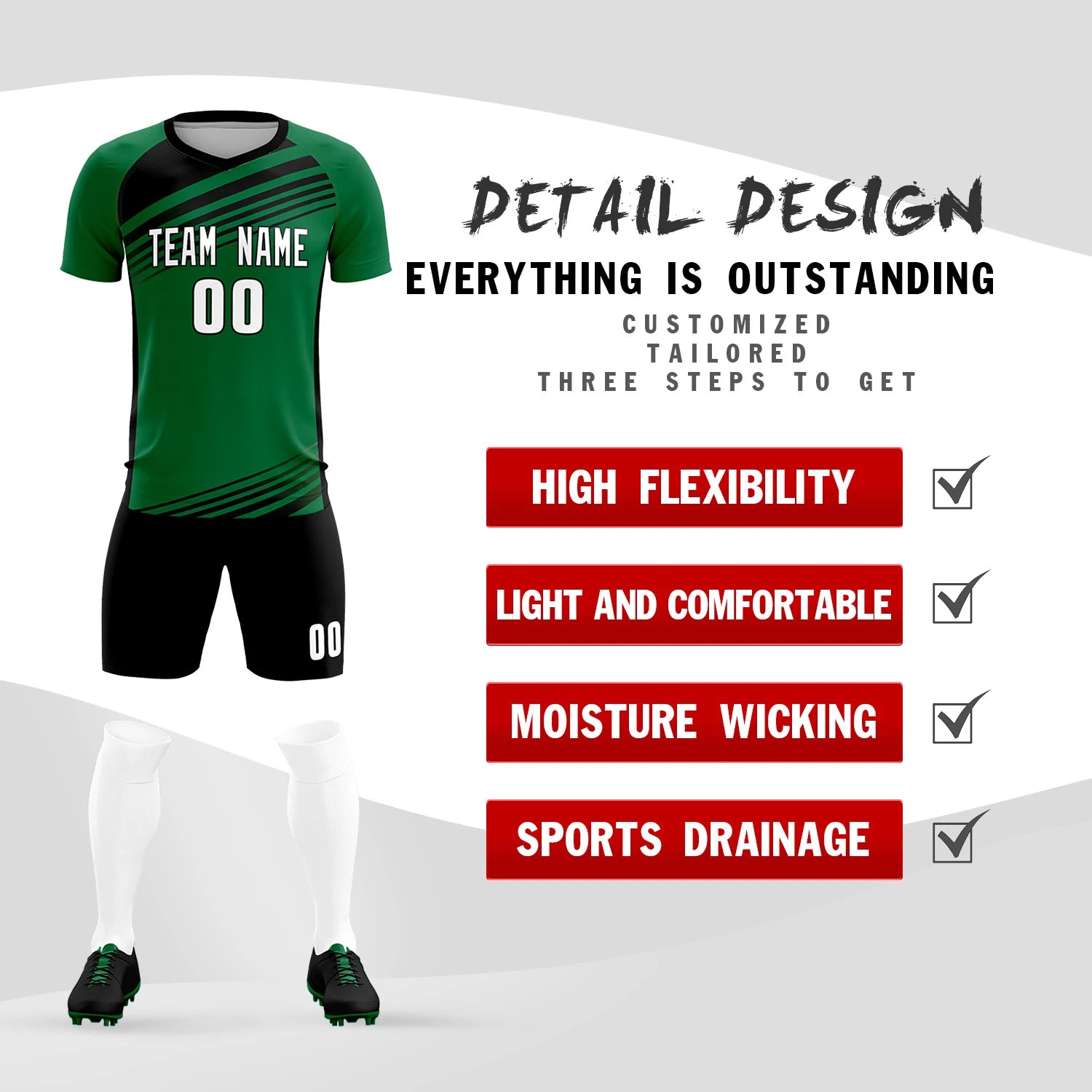 Custom Kelly Green Black-White Gradient Sport Soccer Sets Jersey