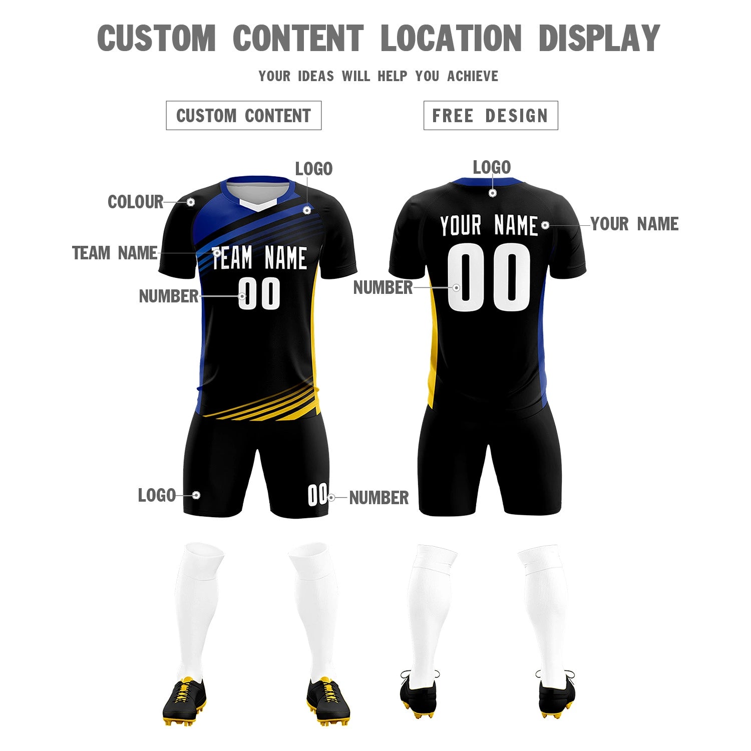 Custom Black Royal Blue-White Gradient Sport Soccer Sets Jersey