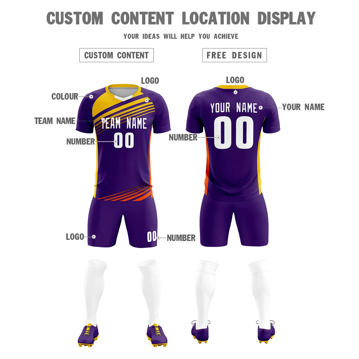 Custom Purple Gold-White Gradient Sport Soccer Sets Jersey