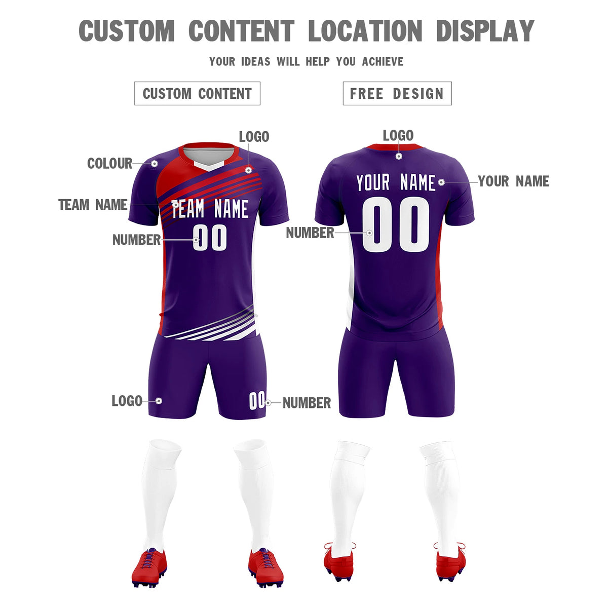 Custom Purple Red-White Gradient Sport Soccer Sets Jersey