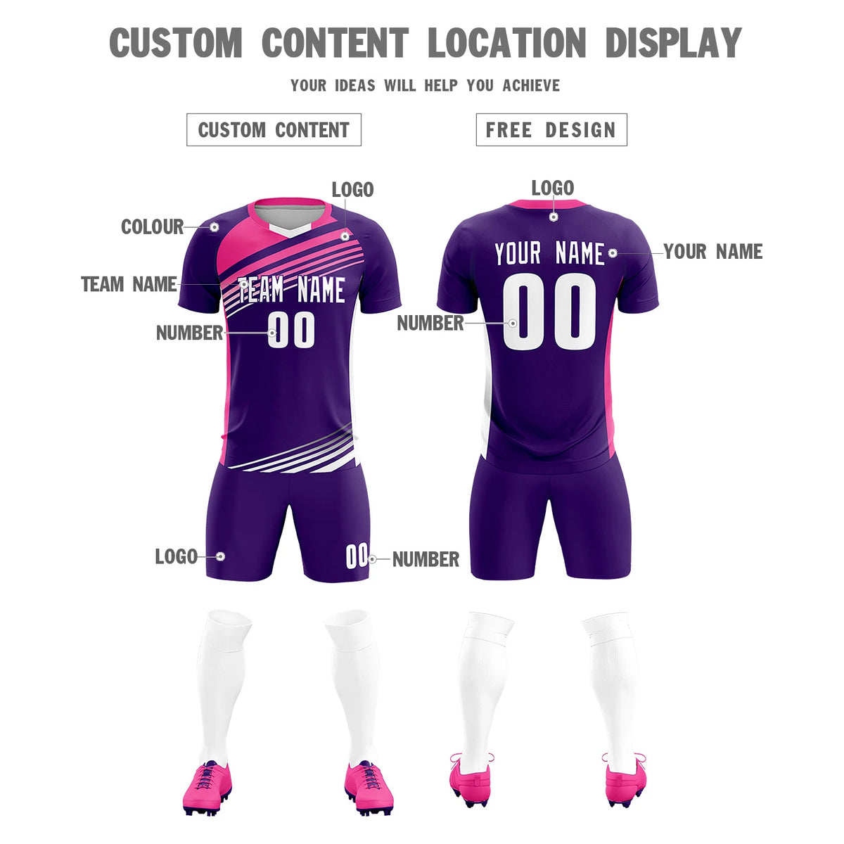 Custom Purple Pink-White Gradient Sport Soccer Sets Jersey