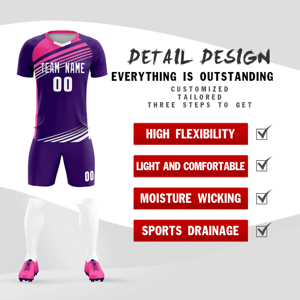 Custom Purple Pink-White Gradient Sport Soccer Sets Jersey