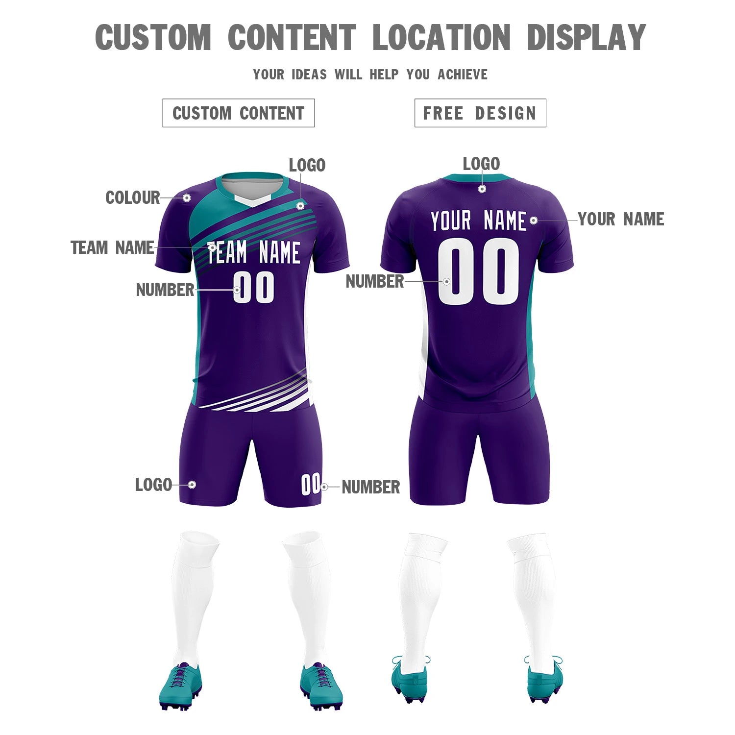 Custom Purple Aqua-White Gradient Sport Soccer Sets Jersey