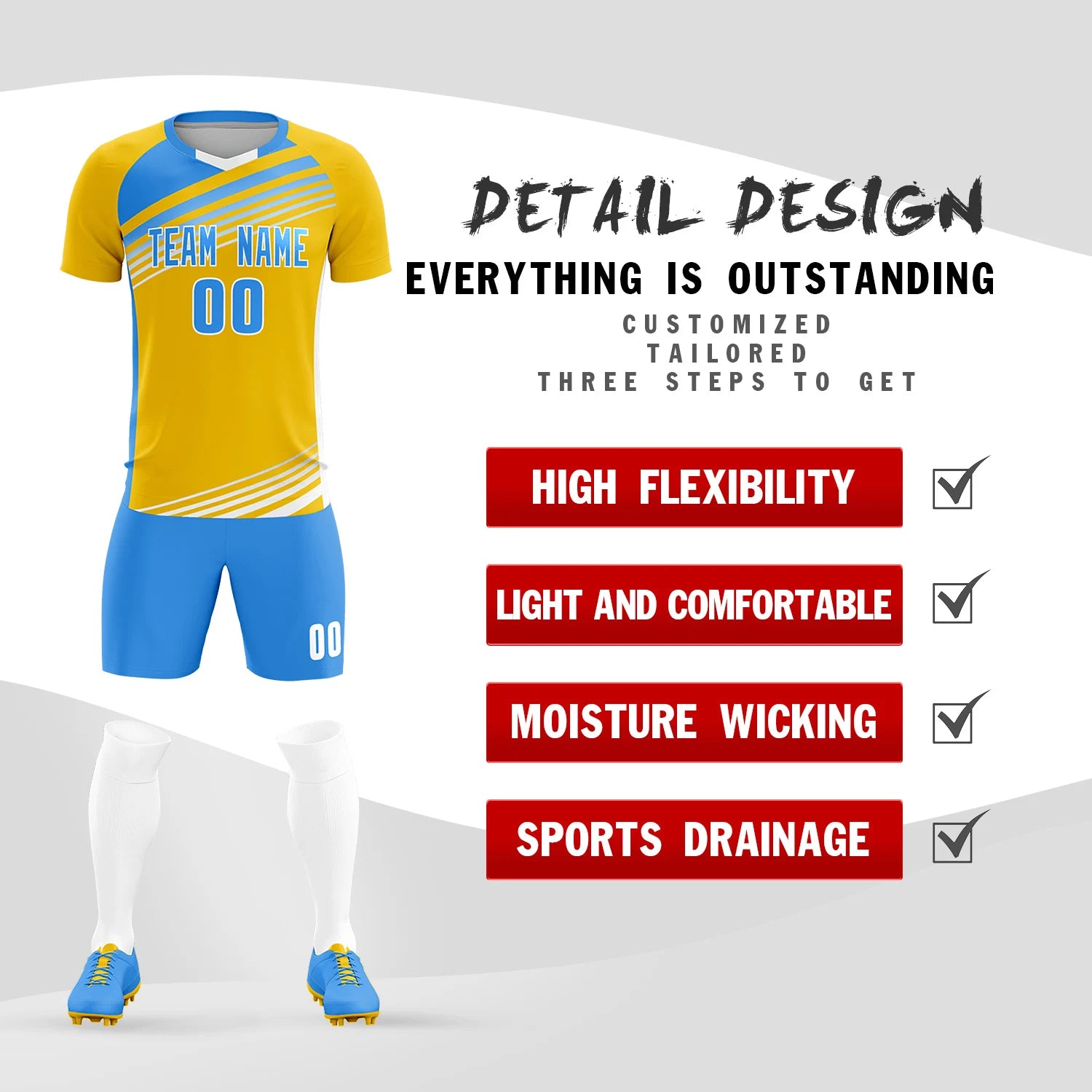 Custom Yellow Powder Blue Gradient Sport Soccer Sets Jersey