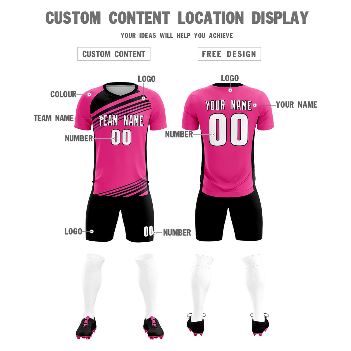 Custom Pink Black-White Gradient Sport Soccer Sets Jersey
