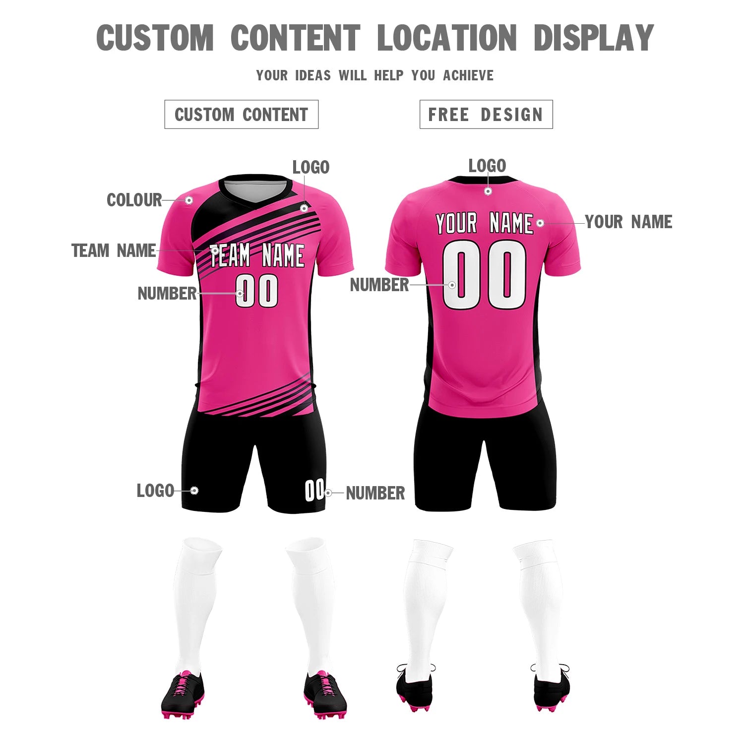 Custom Pink Black-White Gradient Sport Soccer Sets Jersey