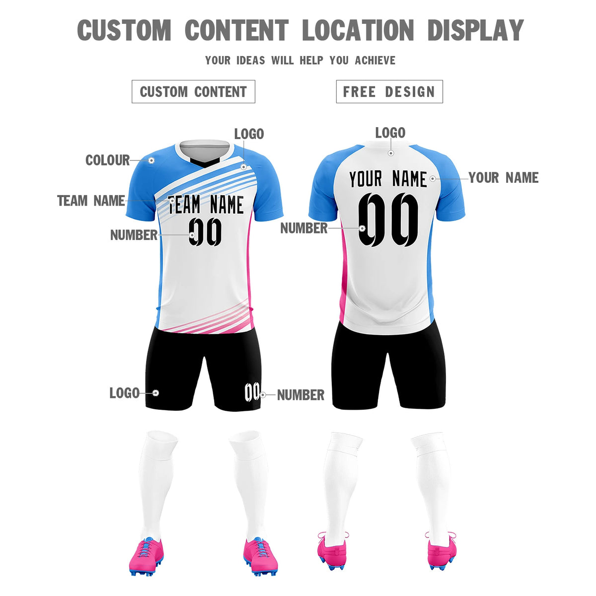 Custom White Powder Blue-Black Gradient Sport Soccer Sets Jersey