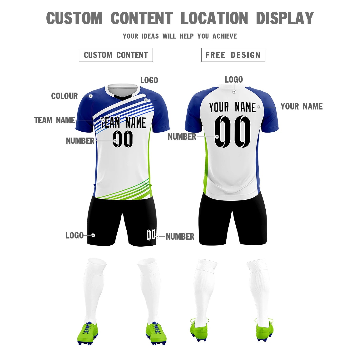 Custom White Royal Blue-Black Gradient Sport Soccer Sets Jersey
