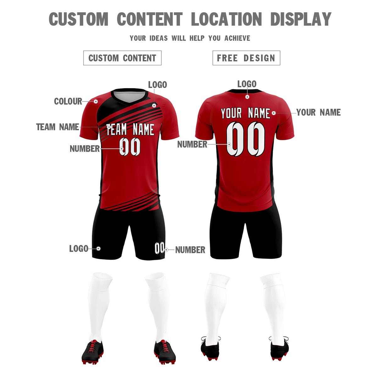 Custom Red Black-White Gradient Sport Soccer Sets Jersey