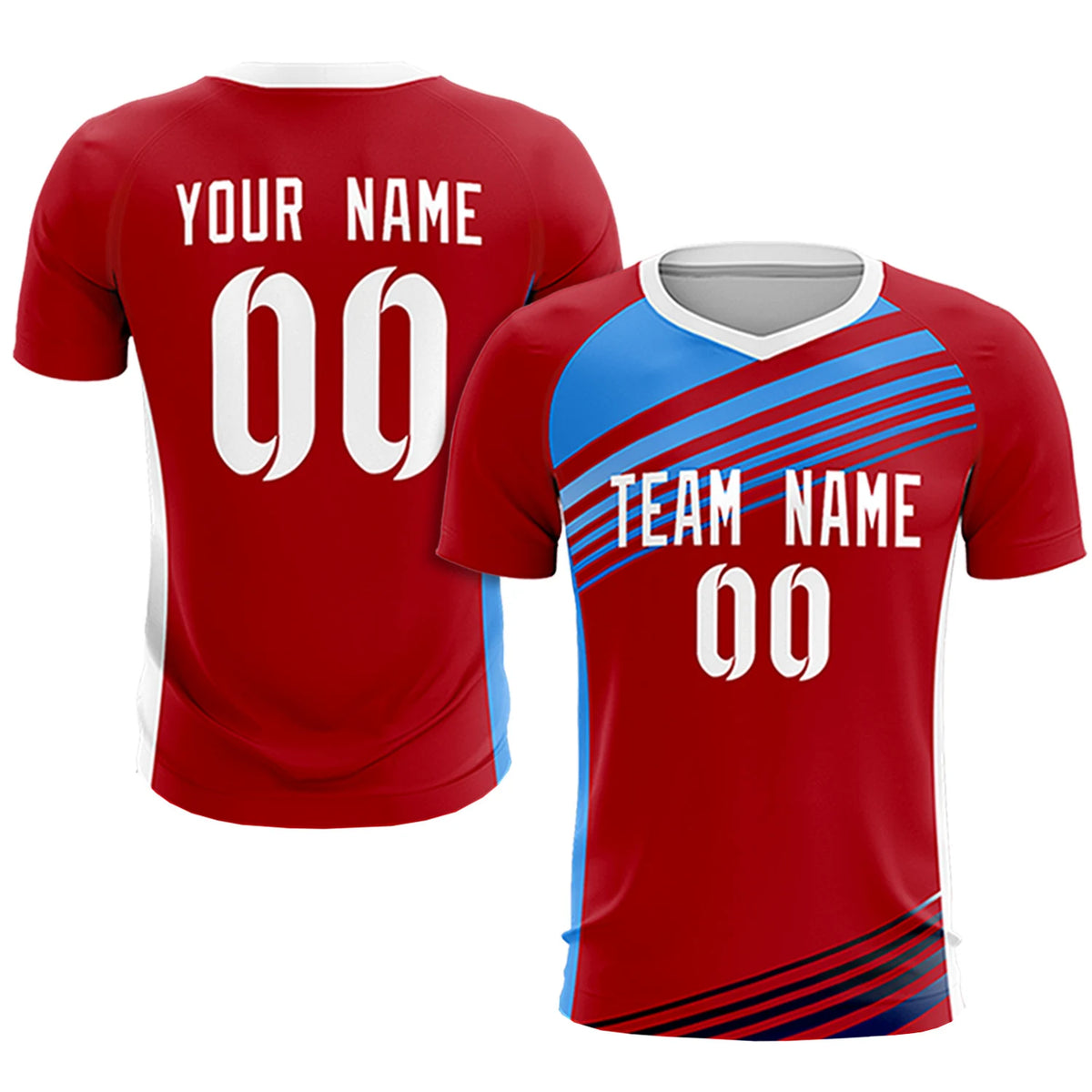 Custom Red Powder Blue-White Gradient Sport Soccer Sets Jersey